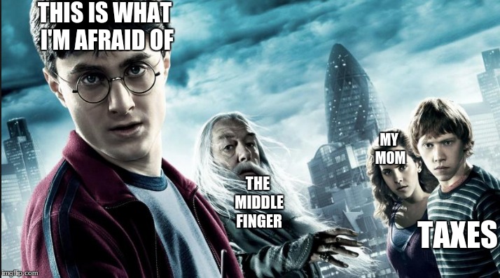 Harry is afraid | THIS IS WHAT I'M AFRAID OF; MY MOM; THE MIDDLE FINGER; TAXES | image tagged in harry potter,mom,taxes,middle finger | made w/ Imgflip meme maker