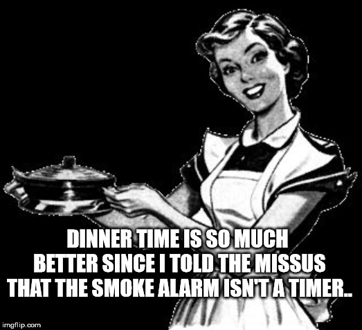 Wife's Cooking | DINNER TIME IS SO MUCH BETTER SINCE I TOLD THE MISSUS THAT THE SMOKE ALARM ISN'T A TIMER.. | image tagged in cooking,wife | made w/ Imgflip meme maker