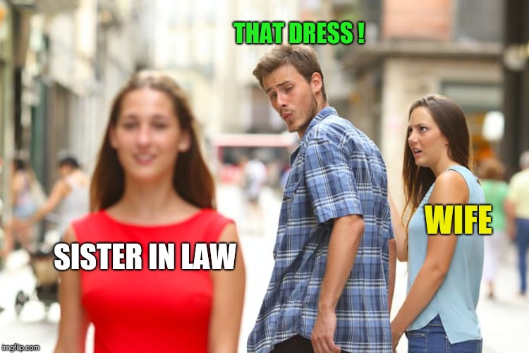 Distracted Boyfriend Meme | SISTER IN LAW THAT DRESS ! WIFE | image tagged in memes,distracted boyfriend | made w/ Imgflip meme maker