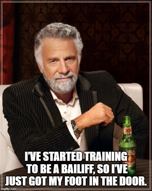 The Most Interesting Man In The World Meme | I’VE STARTED TRAINING TO BE A BAILIFF, SO I’VE JUST GOT MY FOOT IN THE DOOR. | image tagged in memes,the most interesting man in the world | made w/ Imgflip meme maker