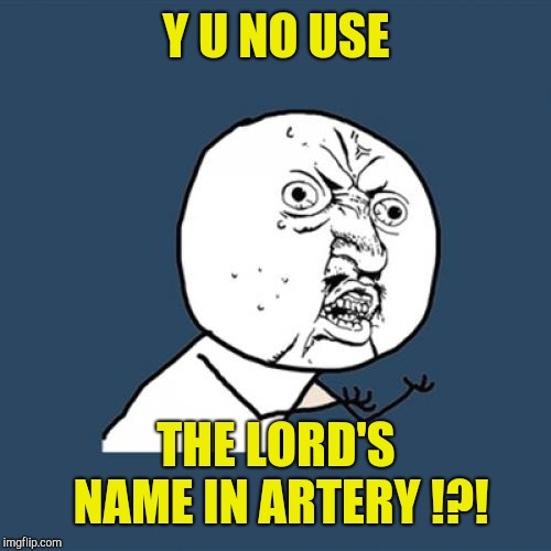 Y U No Meme | Y U NO USE THE LORD'S NAME IN ARTERY !?! | image tagged in memes,y u no | made w/ Imgflip meme maker