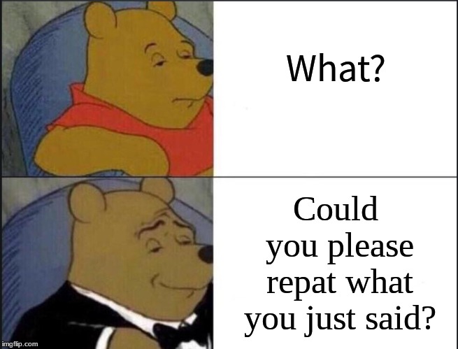 I beg you pardon? | What? Could you please repat what you just said? | image tagged in winnie the pooh template,memes,fancy pants,funny memes,dank memes,funny meme | made w/ Imgflip meme maker