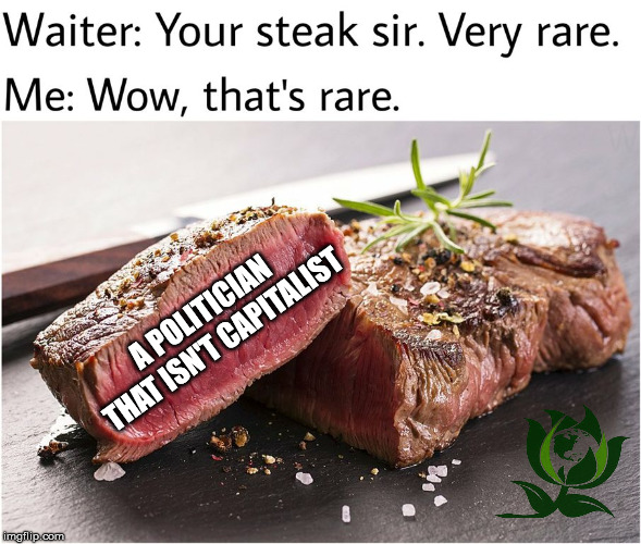 rare steak meme | A POLITICIAN THAT ISN'T CAPITALIST | image tagged in rare steak meme | made w/ Imgflip meme maker
