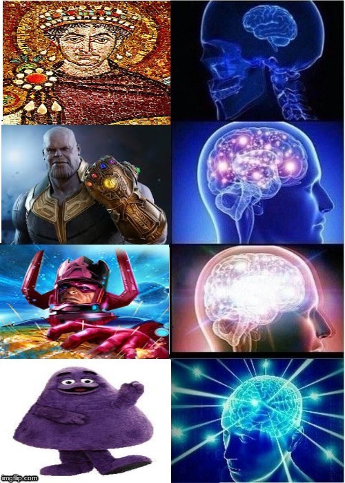 purple represented prestige, royalty and power through the ages . . . . | image tagged in memes,expanding brain,thanos,roman,grimace | made w/ Imgflip meme maker