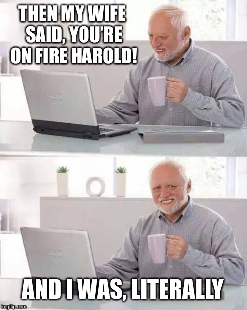 Hide the Pain Harold Meme | THEN MY WIFE SAID, YOU’RE ON FIRE HAROLD! AND I WAS, LITERALLY | image tagged in memes,hide the pain harold | made w/ Imgflip meme maker