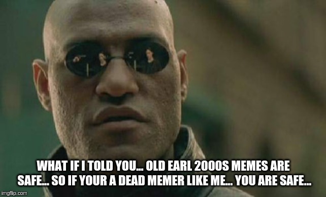 Matrix Morpheus Meme | WHAT IF I TOLD YOU... OLD EARL 2000S MEMES ARE SAFE... SO IF YOUR A DEAD MEMER LIKE ME... YOU ARE SAFE... | image tagged in memes,matrix morpheus | made w/ Imgflip meme maker