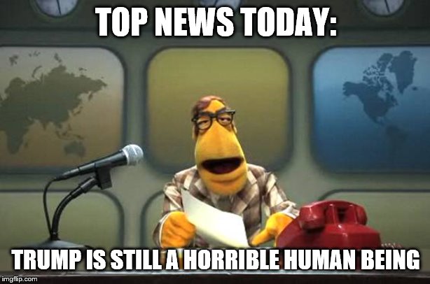 Muppet News Flash | TOP NEWS TODAY: TRUMP IS STILL A HORRIBLE HUMAN BEING | image tagged in muppet news flash | made w/ Imgflip meme maker