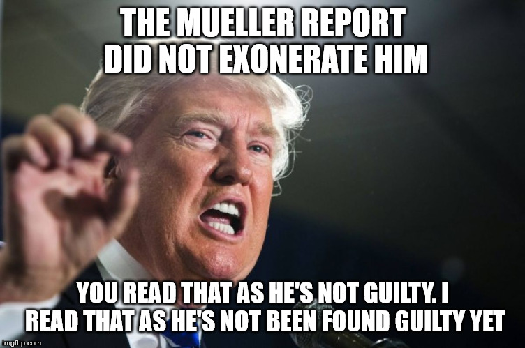 donald trump | THE MUELLER REPORT DID NOT EXONERATE HIM; YOU READ THAT AS HE'S NOT GUILTY. I READ THAT AS HE'S NOT BEEN FOUND GUILTY YET | image tagged in donald trump | made w/ Imgflip meme maker