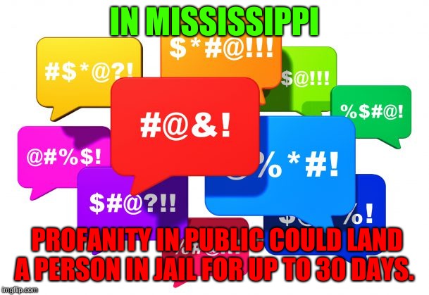 Happy Ludicrous Law Week!! | IN MISSISSIPPI; PROFANITY IN PUBLIC COULD LAND A PERSON IN JAIL FOR UP TO 30 DAYS. | image tagged in swearing,memes,fun | made w/ Imgflip meme maker