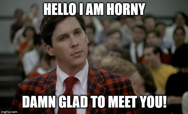 rush chairman | HELLO I AM HORNY; DAMN GLAD TO MEET YOU! | image tagged in rush chairman | made w/ Imgflip meme maker