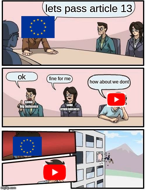 Boardroom Meeting Suggestion Meme | lets pass article 13; ok; fine for me; how about we dont; some big buisness; SOME OTHER BUISNESS | image tagged in memes,boardroom meeting suggestion | made w/ Imgflip meme maker