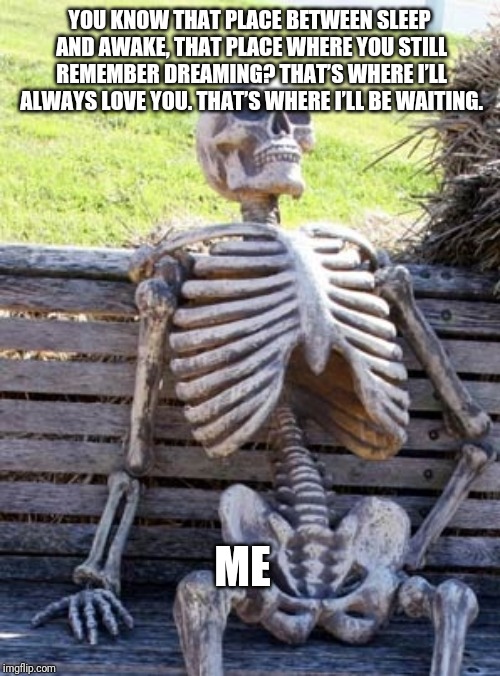 Skeleton on bench | YOU KNOW THAT PLACE BETWEEN SLEEP AND AWAKE, THAT PLACE WHERE YOU STILL REMEMBER DREAMING? THAT’S WHERE I’LL ALWAYS LOVE YOU. THAT’S WHERE I’LL BE WAITING. ME | image tagged in skeleton on bench | made w/ Imgflip meme maker