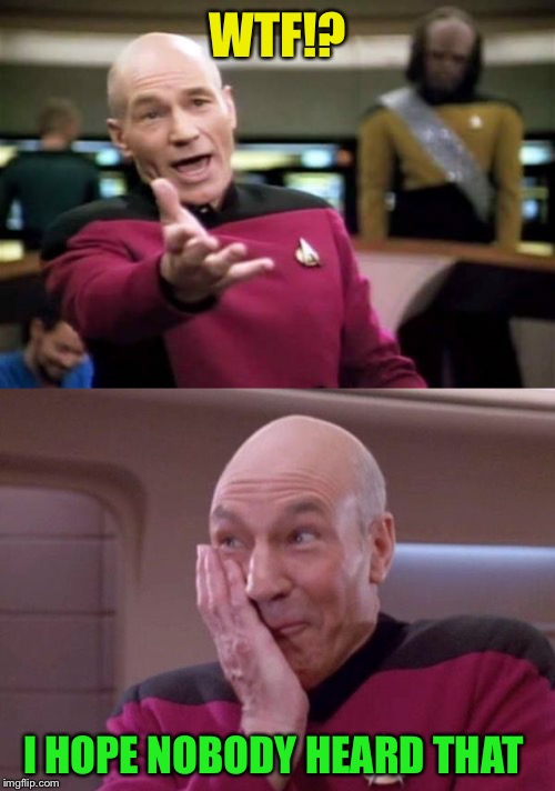 WTF!? I HOPE NOBODY HEARD THAT | image tagged in memes,picard wtf,picard smirk | made w/ Imgflip meme maker