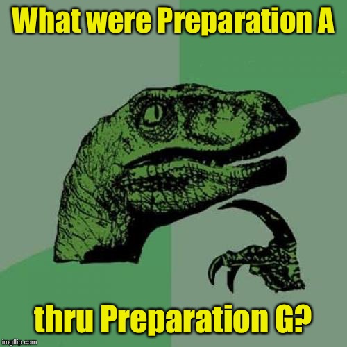 Philosoraptor Meme | What were Preparation A; thru Preparation G? | image tagged in memes,philosoraptor | made w/ Imgflip meme maker