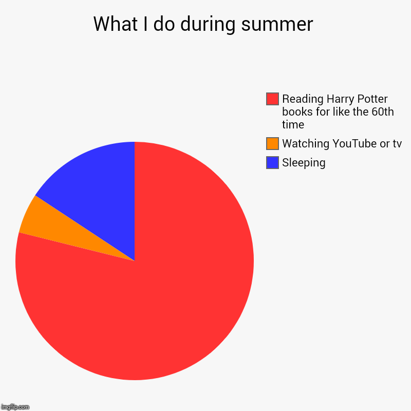What I do during summer | Sleeping, Watching YouTube or tv, Reading Harry Potter books for like the 60th time | image tagged in charts,pie charts | made w/ Imgflip chart maker