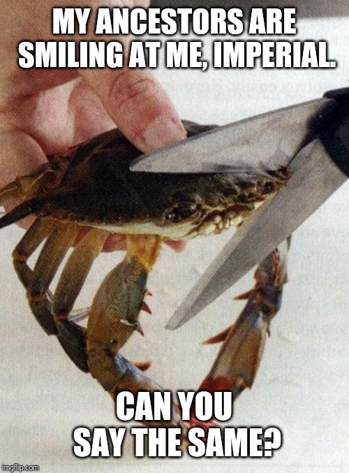 Nord Crab | MY ANCESTORS ARE SMILING AT ME, IMPERIAL. CAN YOU SAY THE SAME? | image tagged in skyrim,skyrim meme,crab | made w/ Imgflip meme maker