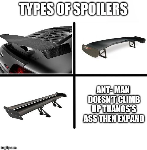 Blank Starter Pack | TYPES OF SPOILERS; ANT- MAN DOESN'T CLIMB UP THANOS'S ASS THEN EXPAND | image tagged in memes,blank starter pack | made w/ Imgflip meme maker