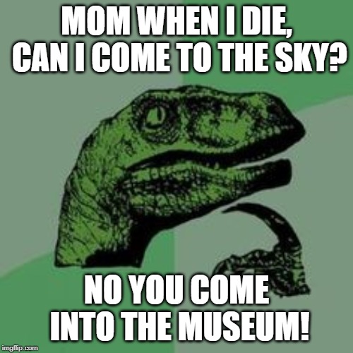Time raptor  | MOM WHEN I DIE, CAN I COME TO THE SKY? NO YOU COME INTO THE MUSEUM! | image tagged in time raptor | made w/ Imgflip meme maker