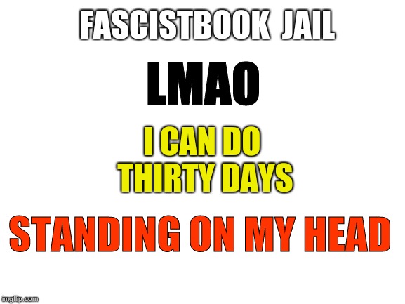Blank White Template | FASCISTBOOK  JAIL; LMAO; I CAN DO THIRTY DAYS; STANDING ON MY HEAD | image tagged in facebook jail,lmao | made w/ Imgflip meme maker