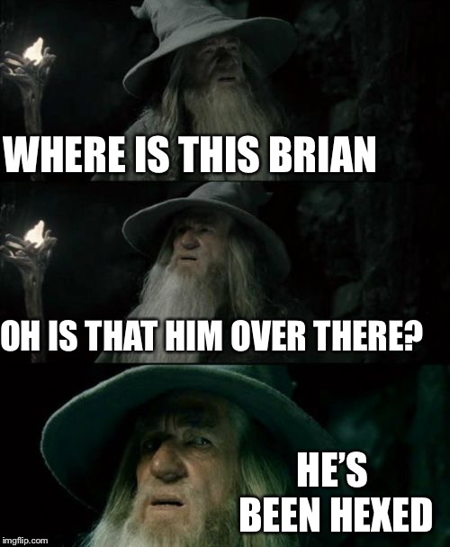 Confused Gandalf Meme | WHERE IS THIS BRIAN OH IS THAT HIM OVER THERE? HE’S BEEN HEXED | image tagged in memes,confused gandalf | made w/ Imgflip meme maker