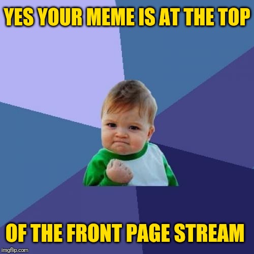 Success Kid Meme | YES YOUR MEME IS AT THE TOP OF THE FRONT PAGE STREAM | image tagged in memes,success kid | made w/ Imgflip meme maker