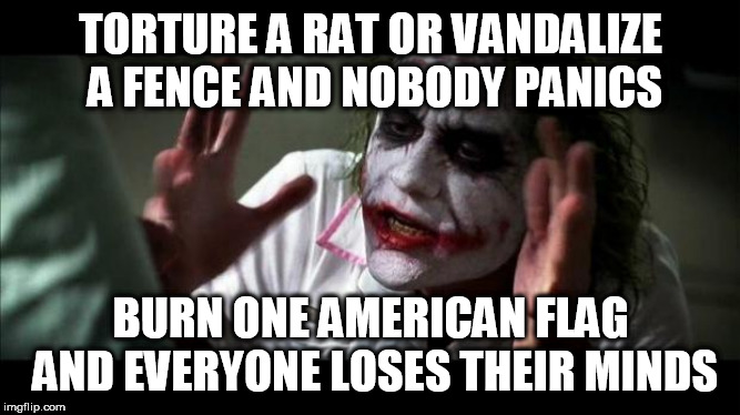 Joker Mind Loss | TORTURE A RAT OR VANDALIZE A FENCE AND NOBODY PANICS; BURN ONE AMERICAN FLAG AND EVERYONE LOSES THEIR MINDS | image tagged in joker mind loss,animal cruelty,vandalism,flag burning,american flag,american flag burning | made w/ Imgflip meme maker