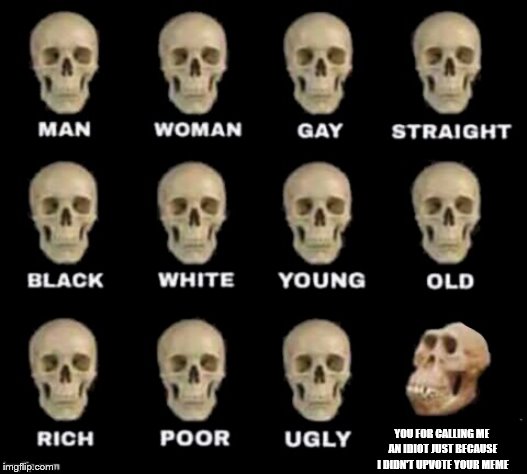 idiot skull | YOU FOR CALLING ME AN IDIOT JUST BECAUSE I DIDN'T UPVOTE YOUR MEME | image tagged in idiot skull | made w/ Imgflip meme maker