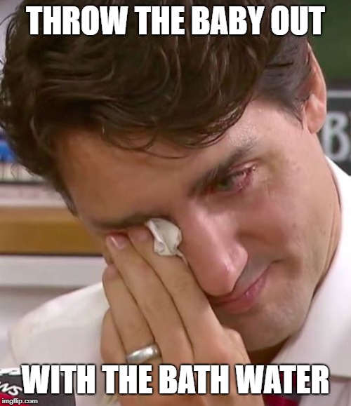 Justin Trudeau Crying | THROW THE BABY OUT; WITH THE BATH WATER | image tagged in justin trudeau crying | made w/ Imgflip meme maker