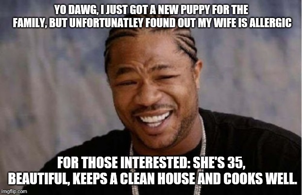 the wife or the Dog...or the Dawg | YO DAWG, I JUST GOT A NEW PUPPY FOR THE FAMILY, BUT UNFORTUNATLEY FOUND OUT MY WIFE IS ALLERGIC; FOR THOSE INTERESTED: SHE'S 35, BEAUTIFUL, KEEPS A CLEAN HOUSE AND COOKS WELL. | image tagged in memes,yo dawg heard you | made w/ Imgflip meme maker