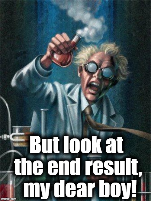 Mad Scientist | But look at the end result,  my dear boy! | image tagged in mad scientist | made w/ Imgflip meme maker