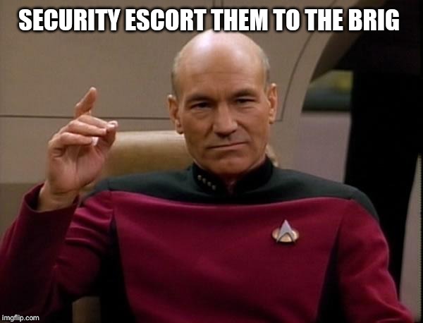 Picard Engage | SECURITY ESCORT THEM TO THE BRIG | image tagged in picard engage | made w/ Imgflip meme maker