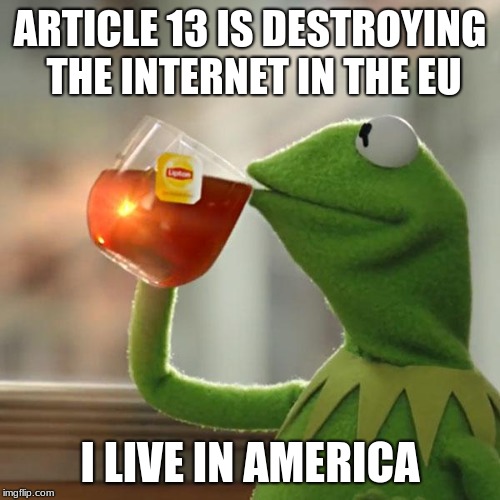 But That's None Of My Business |  ARTICLE 13 IS DESTROYING THE INTERNET IN THE EU; I LIVE IN AMERICA | image tagged in memes,but thats none of my business,kermit the frog | made w/ Imgflip meme maker