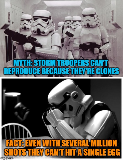 It's surprising then can even hit some 'tang | MYTH: STORM TROOPERS CAN'T REPRODUCE BECAUSE THEY'RE CLONES; FACT: EVEN WITH SEVERAL MILLION SHOTS THEY CAN'T HIT A SINGLE EGG | image tagged in sad storm trooper,storm troopers set your blaster,clone,reproduction | made w/ Imgflip meme maker