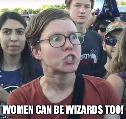 Triggered feminist | WOMEN CAN BE WIZARDS TOO! | image tagged in triggered feminist | made w/ Imgflip meme maker