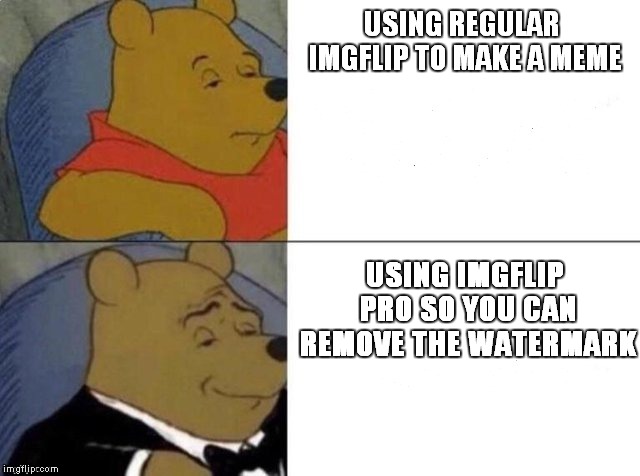 Even funnier because it's ironic. | USING REGULAR IMGFLIP TO MAKE A MEME; USING IMGFLIP PRO SO YOU CAN REMOVE THE WATERMARK | image tagged in tuxedo winnie the pooh | made w/ Imgflip meme maker