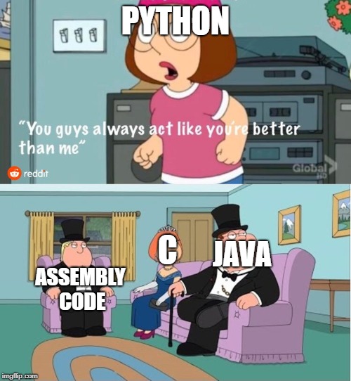You Guys always act like you're better than me | PYTHON; C; JAVA; ASSEMBLY CODE | image tagged in you guys always act like you're better than me | made w/ Imgflip meme maker