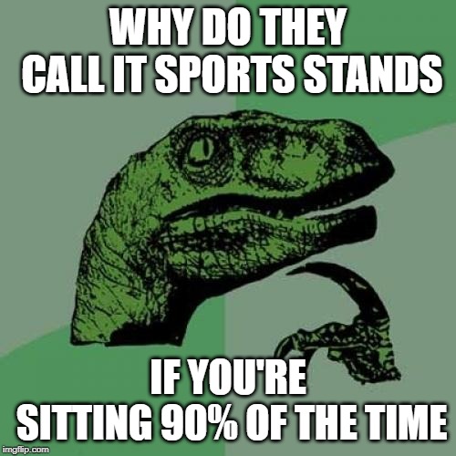 Philosoraptor | WHY DO THEY CALL IT SPORTS STANDS; IF YOU'RE SITTING 90% OF THE TIME | image tagged in memes,philosoraptor | made w/ Imgflip meme maker