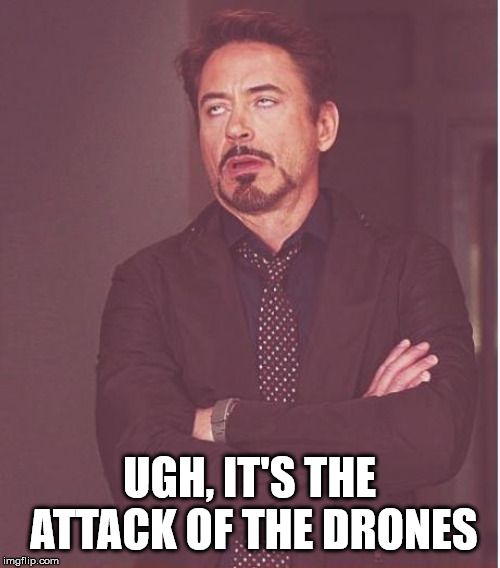 Face You Make Robert Downey Jr Meme | UGH, IT'S THE ATTACK OF THE DRONES | image tagged in memes,face you make robert downey jr | made w/ Imgflip meme maker