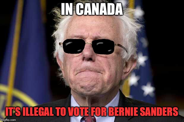 Bernie Sanders Sunglasses | IN CANADA; IT’S ILLEGAL TO VOTE FOR BERNIE SANDERS | image tagged in bernie sanders sunglasses | made w/ Imgflip meme maker