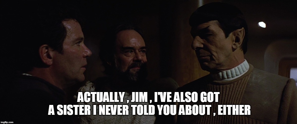 ACTUALLY , JIM , I'VE ALSO GOT A SISTER I NEVER TOLD YOU ABOUT , EITHER | image tagged in star trek,star trek discovery,spock | made w/ Imgflip meme maker