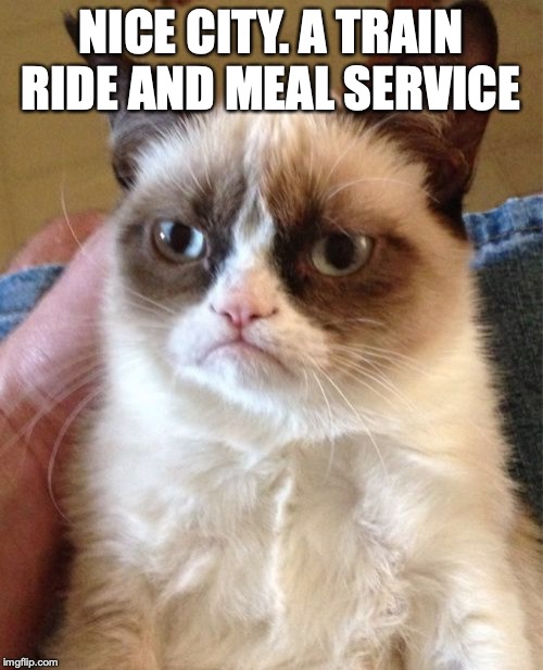 Grumpy Cat Meme | NICE CITY. A TRAIN RIDE AND MEAL SERVICE | image tagged in memes,grumpy cat | made w/ Imgflip meme maker