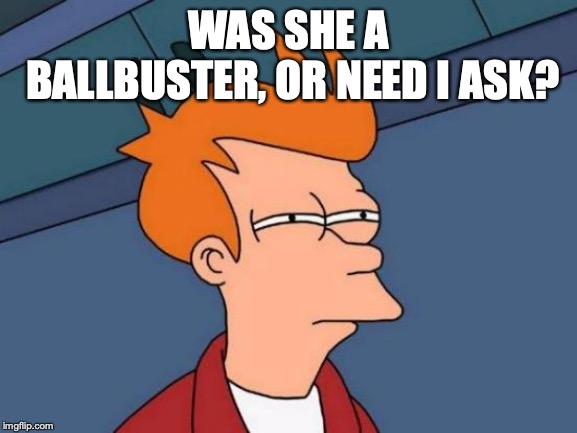 Futurama Fry Meme | WAS SHE A BALLBUSTER, OR NEED I ASK? | image tagged in memes,futurama fry | made w/ Imgflip meme maker