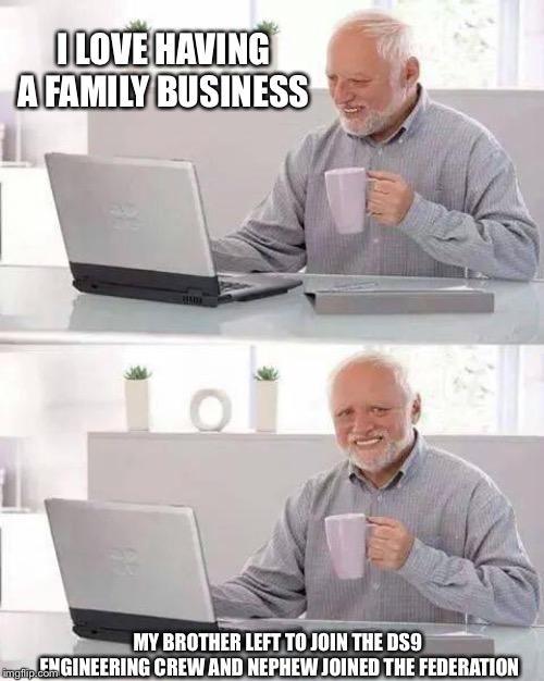At least there’s the profits | I LOVE HAVING A FAMILY BUSINESS; MY BROTHER LEFT TO JOIN THE DS9  ENGINEERING CREW AND NEPHEW JOINED THE FEDERATION | image tagged in memes,hide the pain harold | made w/ Imgflip meme maker