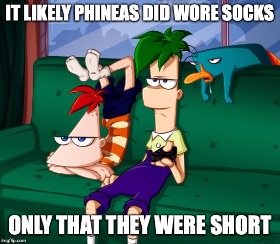 Bored Phineas and Ferb | IT LIKELY PHINEAS DID WORE SOCKS; ONLY THAT THEY WERE SHORT | image tagged in phineas and ferb,memes | made w/ Imgflip meme maker