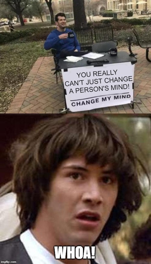 That's DEEP!!! | YOU REALLY CAN'T JUST CHANGE A PERSON'S MIND! WHOA! | image tagged in memes,conspiracy keanu,change my mind | made w/ Imgflip meme maker