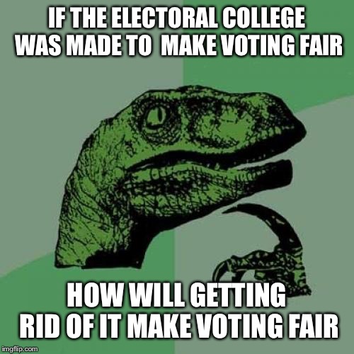 Philosoraptor Meme | IF THE ELECTORAL COLLEGE WAS MADE TO  MAKE VOTING FAIR; HOW WILL GETTING RID OF IT MAKE VOTING FAIR | image tagged in memes,philosoraptor | made w/ Imgflip meme maker