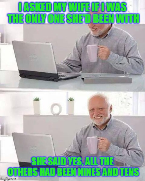 Hide the Pain Harold | I ASKED MY WIFE IF I WAS THE ONLY ONE SHE'D BEEN WITH; SHE SAID YES, ALL THE OTHERS HAD BEEN NINES AND TENS | image tagged in memes,hide the pain harold,jokes | made w/ Imgflip meme maker