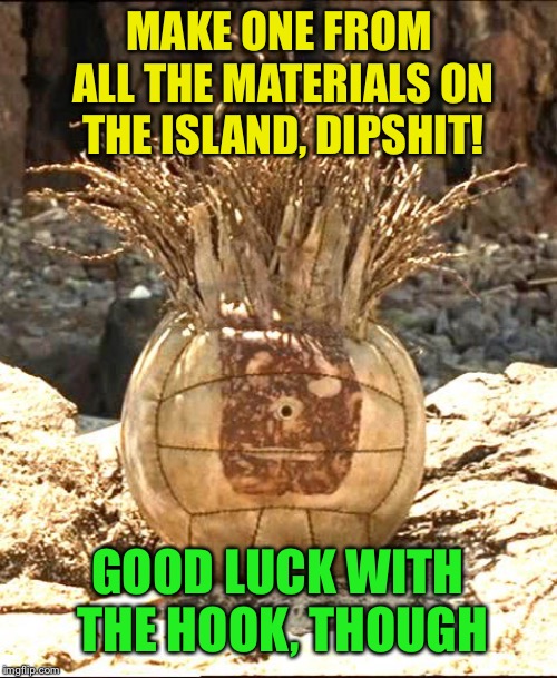 MAKE ONE FROM ALL THE MATERIALS ON THE ISLAND, DIPSHIT! GOOD LUCK WITH THE HOOK, THOUGH | made w/ Imgflip meme maker