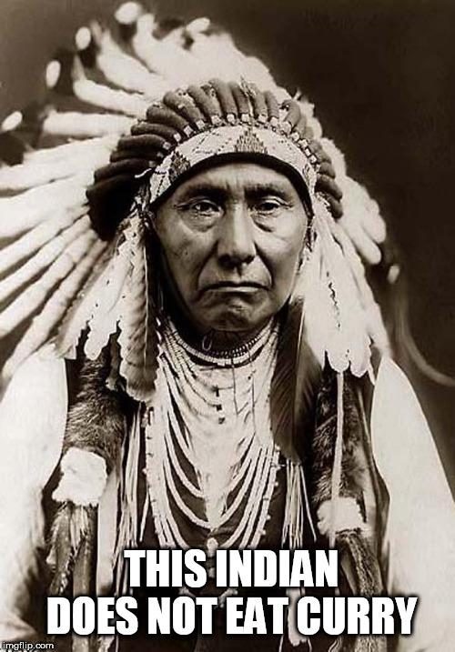Indian Chief | THIS INDIAN DOES NOT EAT CURRY | image tagged in indian chief | made w/ Imgflip meme maker