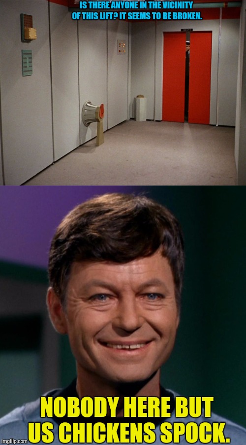 Bok Bok Spock | IS THERE ANYONE IN THE VICINITY OF THIS LIFT? IT SEEMS TO BE BROKEN. NOBODY HERE BUT US CHICKENS SPOCK. | image tagged in star trek,bones mccoy,spock,chickens | made w/ Imgflip meme maker